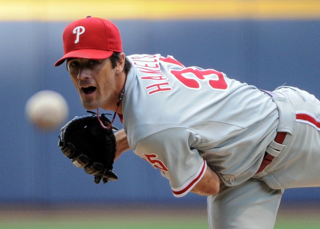 Aug 18, 2012; Milwaukee, WI, USA;   Philadelphia Phillies pitcher Cole Hamels (35) pitches against the Milwaukee Brewers in the first inning at Miller Park.  Mandatory Credit: Benny Sieu-USA TODAY Sports