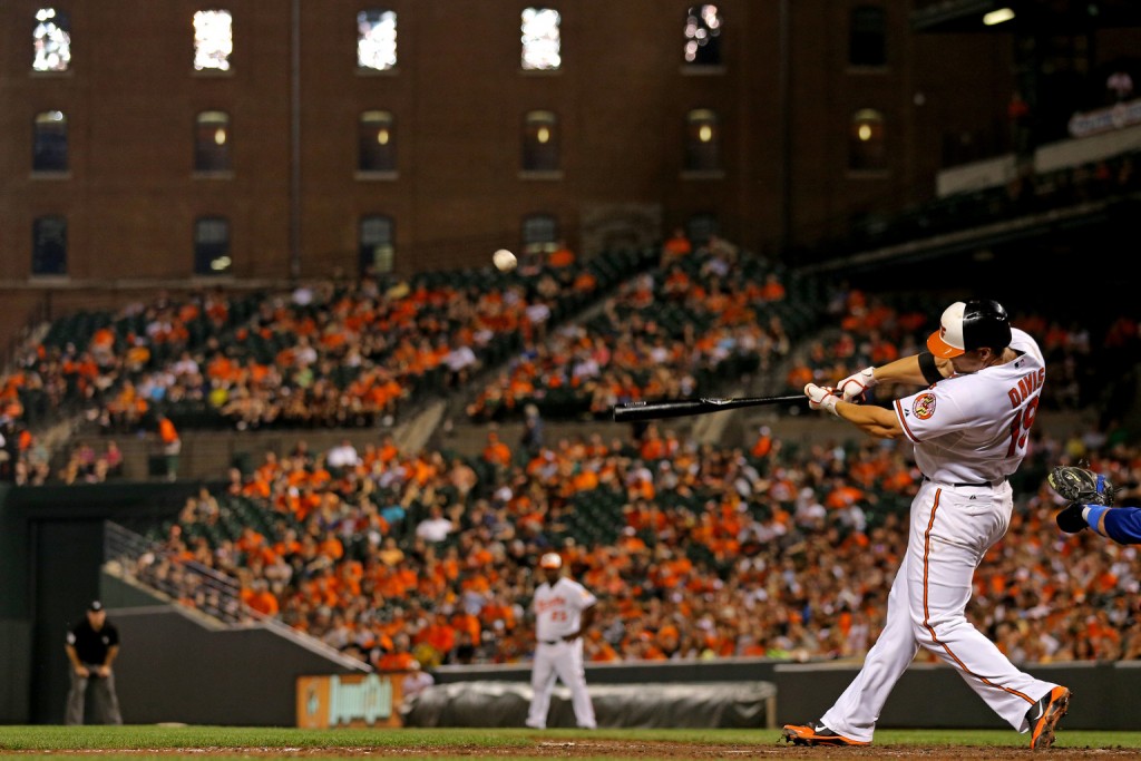 BALTIMORE, MD - JULY 9: Chris Davis #19 of the Baltimore Orioleshits against the Texas Rangers at Oriole Park at Camden Yards on July 9, 2013 in Baltimore, Maryland. The Texas Rangers won, 8-4.  (Photo by Patrick Smith/Getty Images)