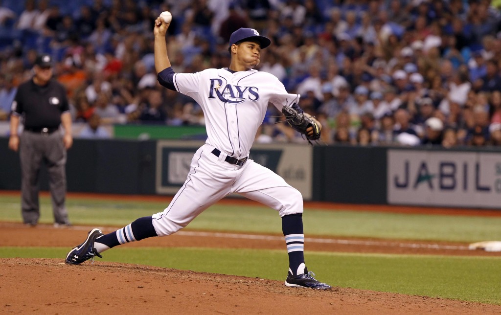 Aug 2, 2013; St. Petersburg, FL, USA; Tampa Bay Rays starting pitcher Chris Archer (22) throws a pitch during the sixth inning against the San Francisco Giants at Tropicana Field. San Francisco Giants defeated the Tampa Bay Rays 4-1. Mandatory Credit: Kim Klement-USA TODAY Sports