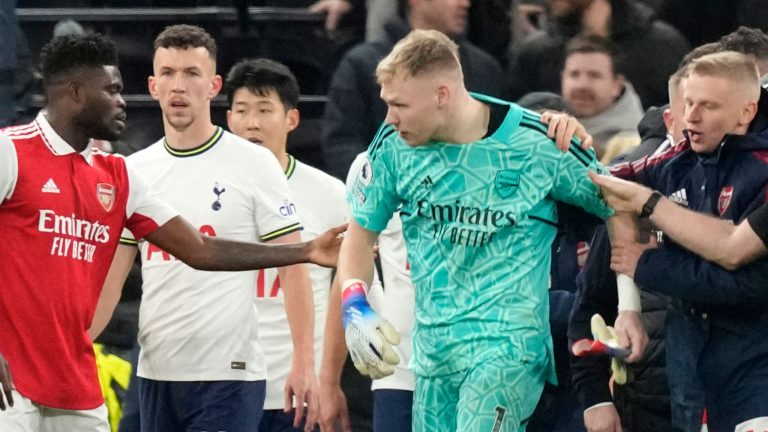Arsenal goalkeeper Aaron Ramsdale after getting assaulted by a Tottenham Hotspur supporter.