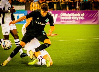 Detroit City FC overcomes a red to come away with a draw against the Tampa Bay Rowdies Rhys Williams of Detroit City FC tries to stave off a Tampa Bay Rowdies defender.