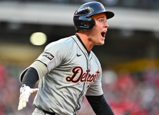 The Tigers are heading back to Detroit after tying the ALDS with the Guardians Kerry Carpenter of the Detroit Tigers.