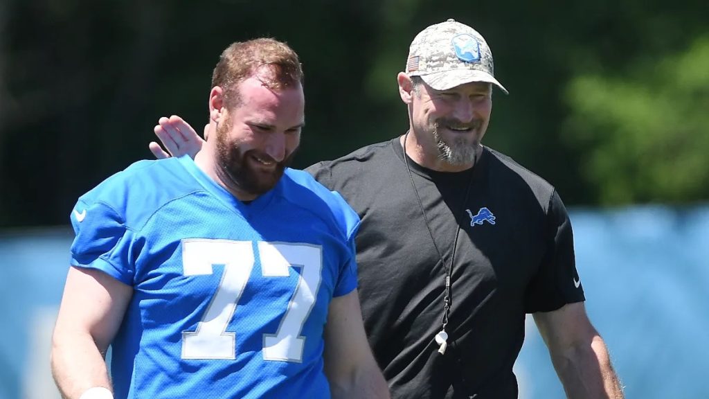 Lions center Frank Ragnow and head coach Dan Campbell