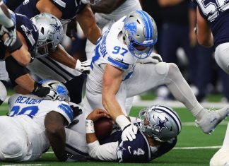 Lions: Aidan Hutchinson suffers what looks to be a serious leg injury