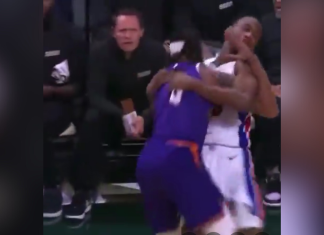 Pistons rookie Ron Holland and Suns’ Damion Lee get into it during a preseason game Pistons rookie Ron Holland and Suns' Damion Lee get into it.