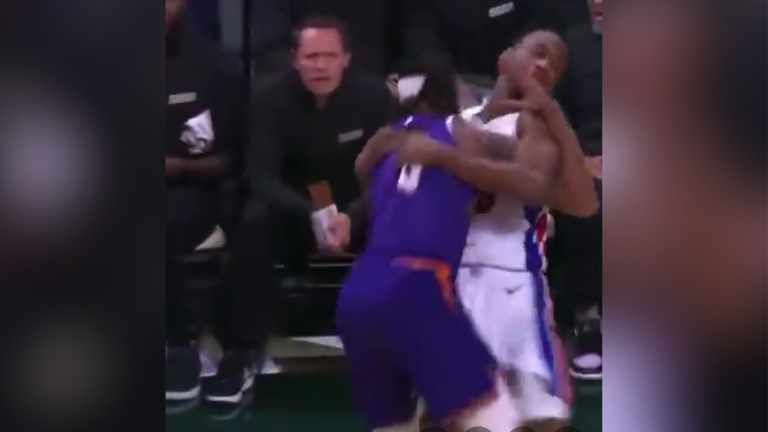 Pistons rookie Ron Holland and Suns’ Damion Lee get into it during a preseason game