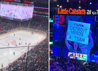 WATCH: Fans chant “We want a team” during PWHL game at the LCA PWHL in Detroit.