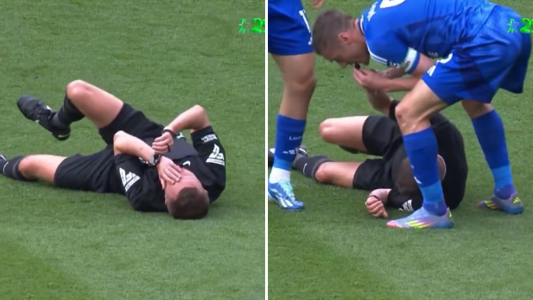 WATCH: Jamie Vardy blows the whistle to stop play when the ref went down 😂
