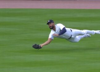 Riley Greene lays out for an amazing catch 👀