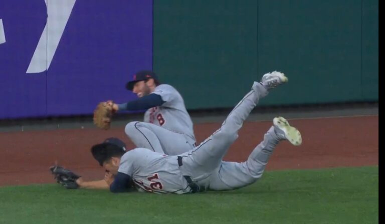 WATCH: Riley Greene makes an incredible diving catch while avoiding a massive collision 👀