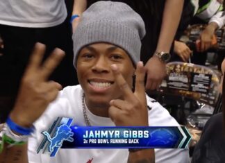 Lions RB Jahmyr Gibbs Appears at WrestleMania, Reacts to Cody Rhodes Main Event Win 👀